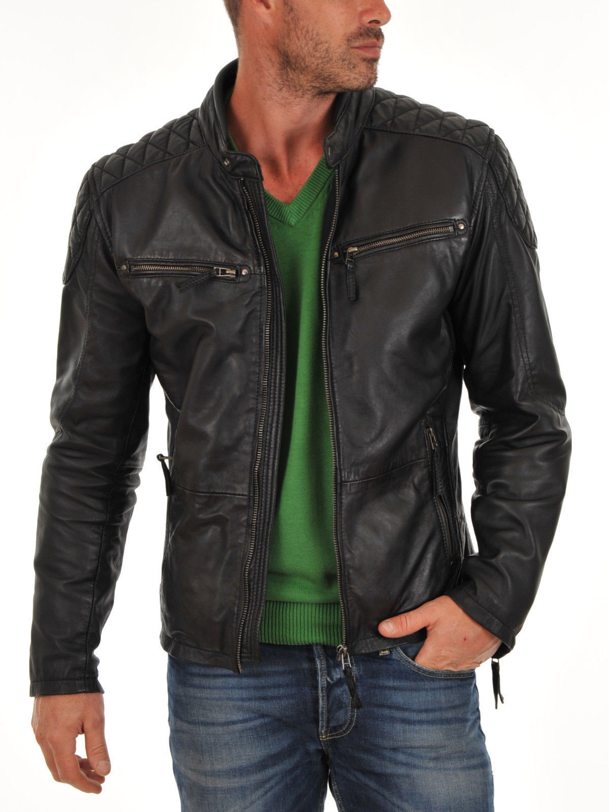 Men's Genuine Lambskin Leather Jacket Black Slim Fit Motorcycle Biker Jacket-007 on Luulla