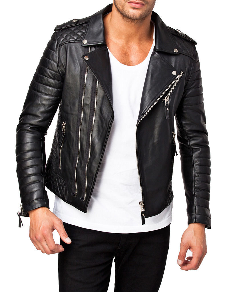 Men's Genuine Lambskin Leather Jacket Black Slim Fit Motorcycle Biker Jacket-014