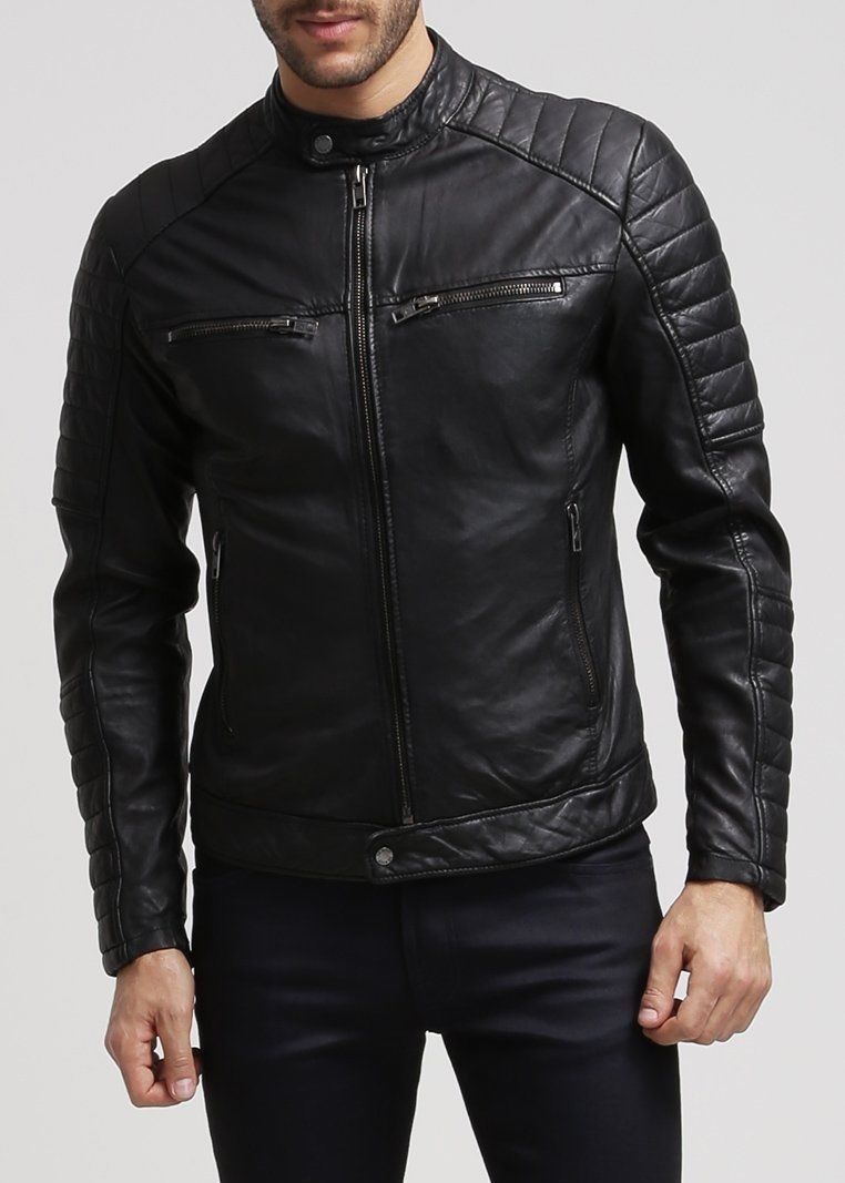 Men's Genuine Lambskin Leather Jacket Black Slim Fit Motorcycle Biker Jacket-019